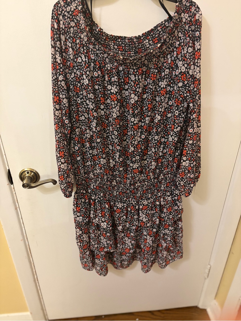 Michael Kors Black Floral Long-Sleeve Smocked Waist Dress with orange Accents